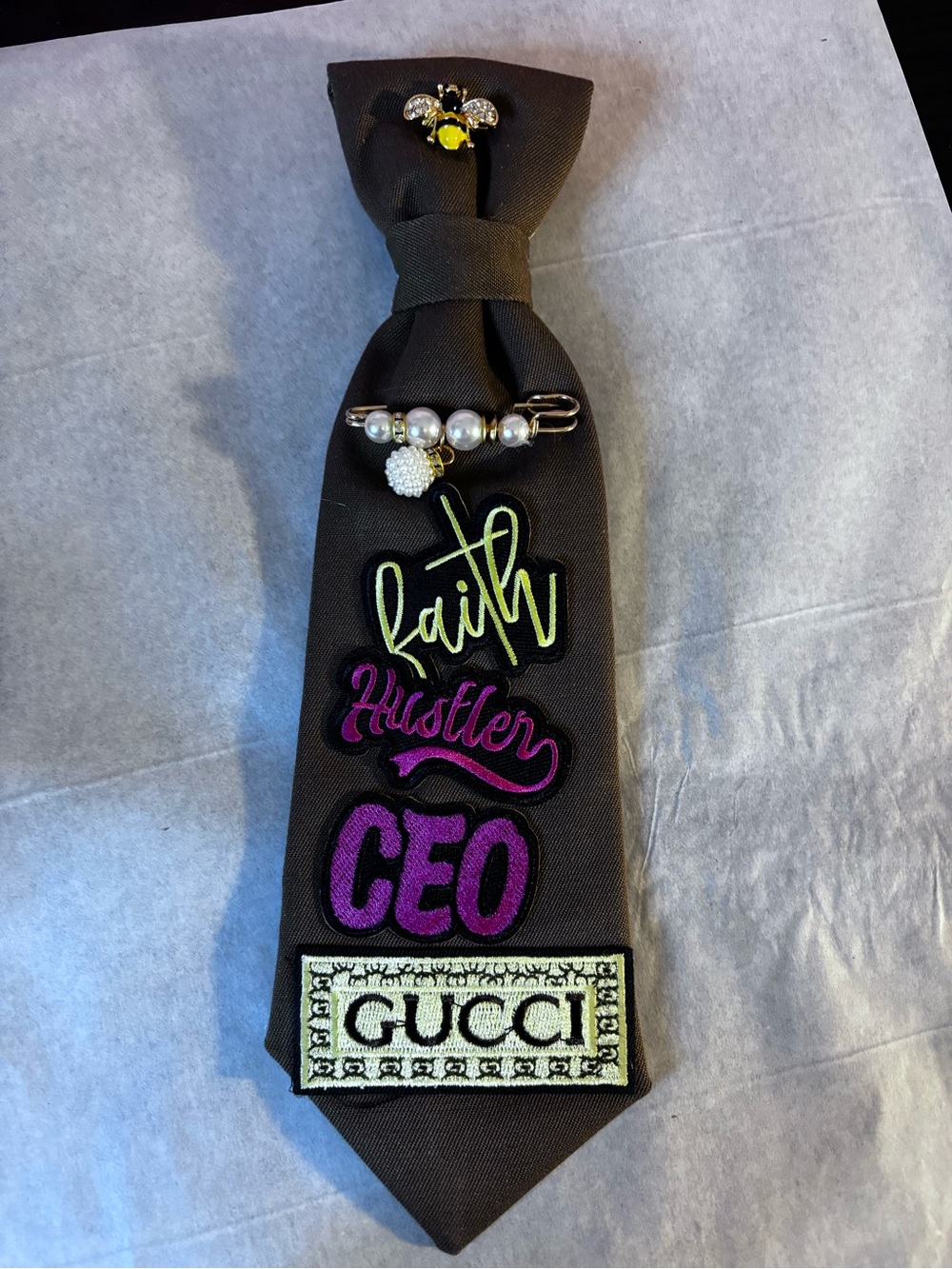 Upcycle Custom Necktie  Black Embroidered 'Faith Hustler CEO' Fashion Tie